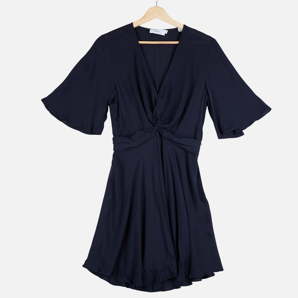 ALC Ava Dress Navy Midnight Blue 100% Silk Twist Front V-Neck Mini Dress Size 4